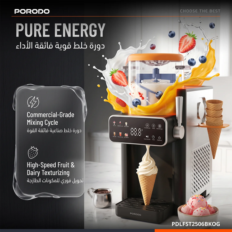 Porodo Frappé Ice Cream & Slushie Maker with 7 Modes, PDLFST2506BKOG - Black/Orange