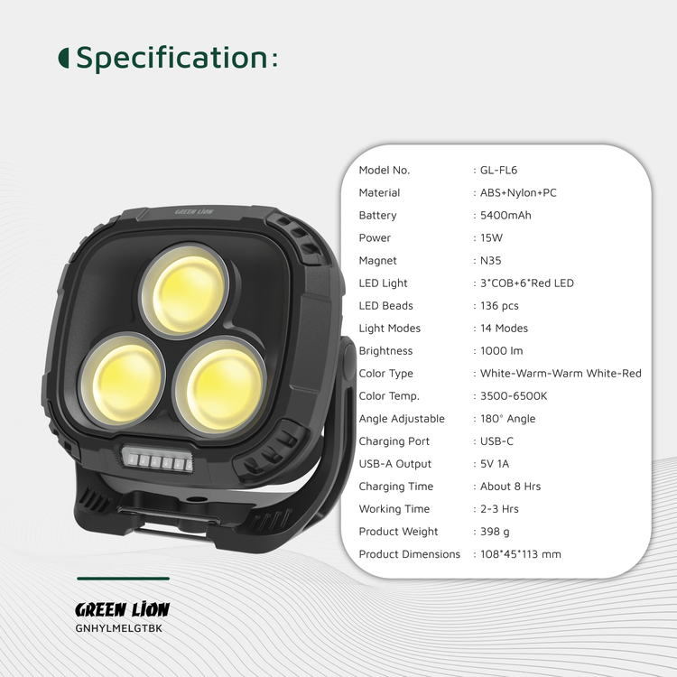 Green Lion Working Light Hyper Lume GNHYLMELGTBK - 1000LM, Black