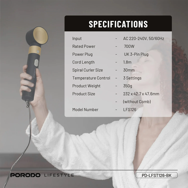 Porodo Multi-Styling Hair Dryer Set, PDLFST126BK - Black
