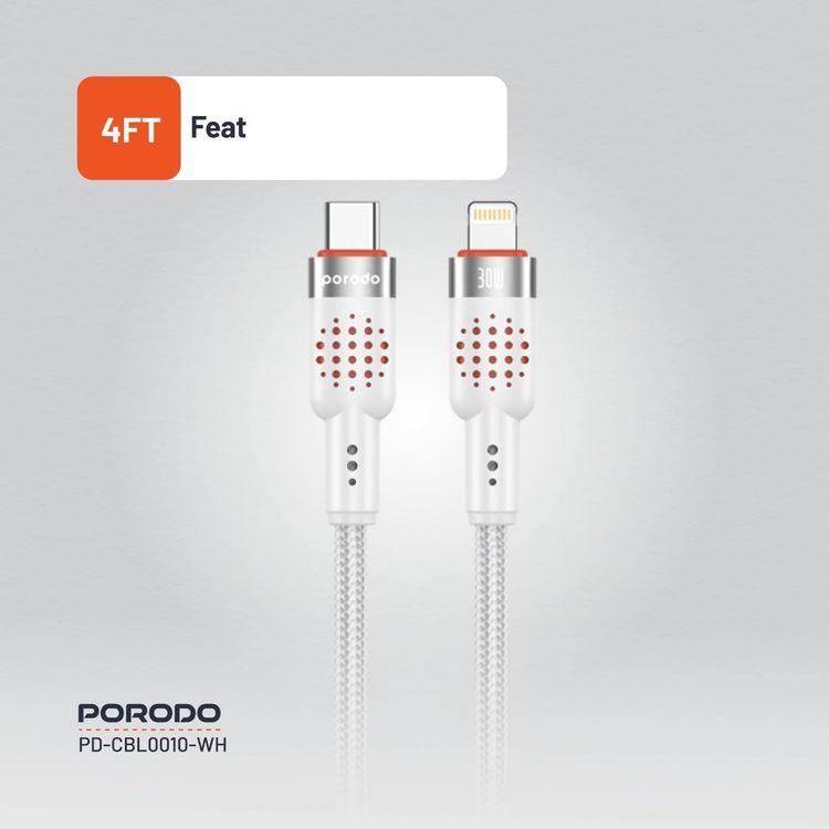Porodo USB-C to Lightning Cable PDCBL0010WH - 1.2m Braided, Fast Charging White