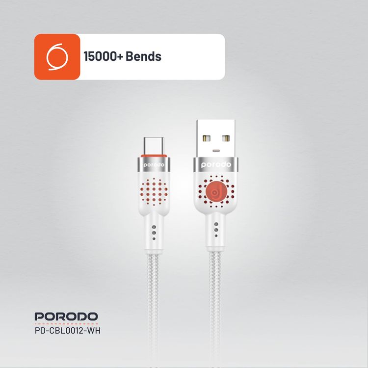 Porodo USB-A to USB-C Braided Cable PDCBL0012WH - 1.2m, Fast Charging, White