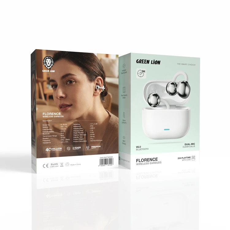 Green Lion Florence Wireless Earbuds GL-BUD3 - Bluetooth 6.0, White