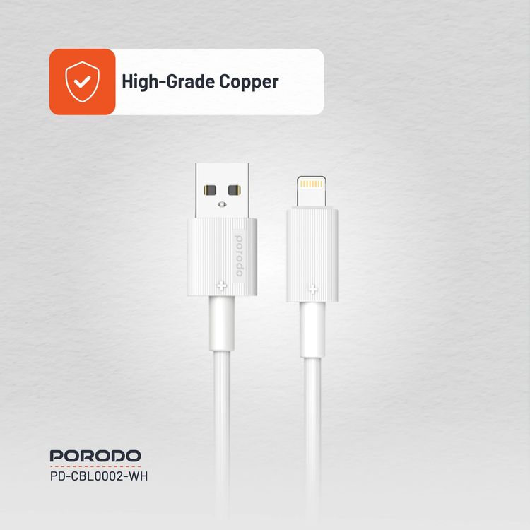 Porodo USB-A to Lightning Cable PDCBL0002WH - 3M, Fast Charging, White
