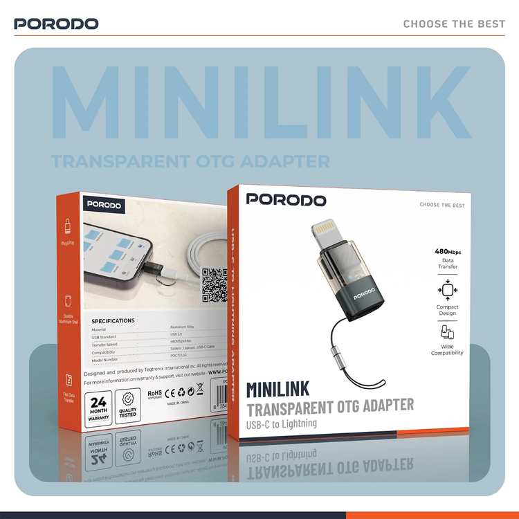 Porodo MiniLink USB-C to Lightning OTG Adapter PDCTOL50 - Grey