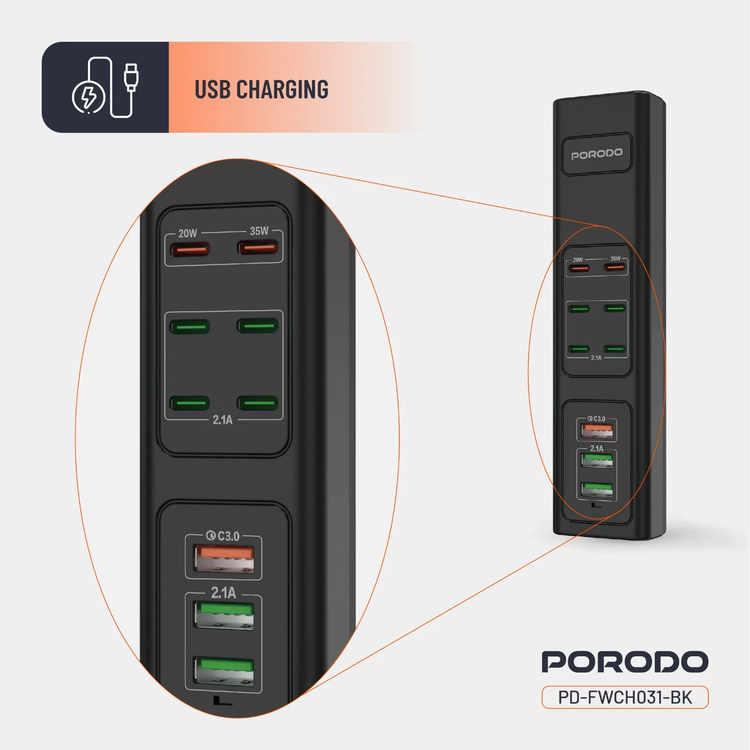 Porodo USB Charging Hub PDFWCH031BK - 85W Multi-Port, Black