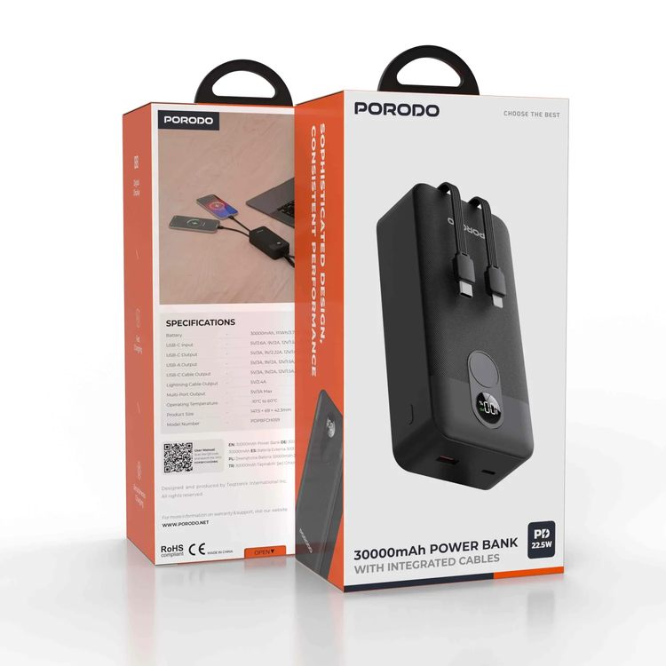 Porodo Power Bank 30000mAh PDPBFCH059BK - Digital Display, Black