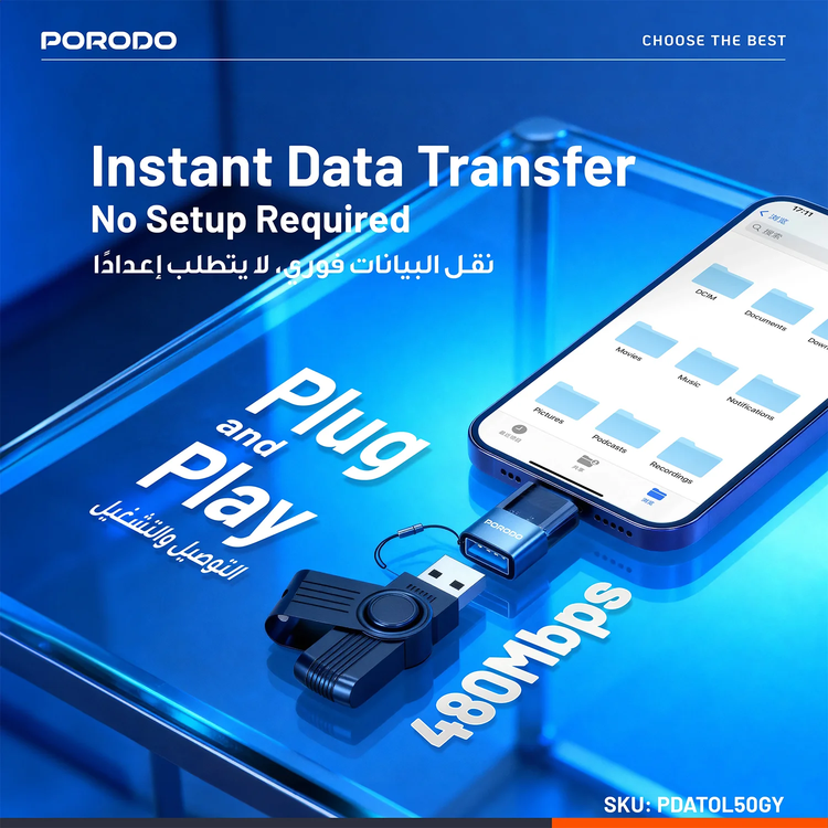 Porodo MiniLink USB-A to Lightning OTG Adapter PDATOL50 - Grey