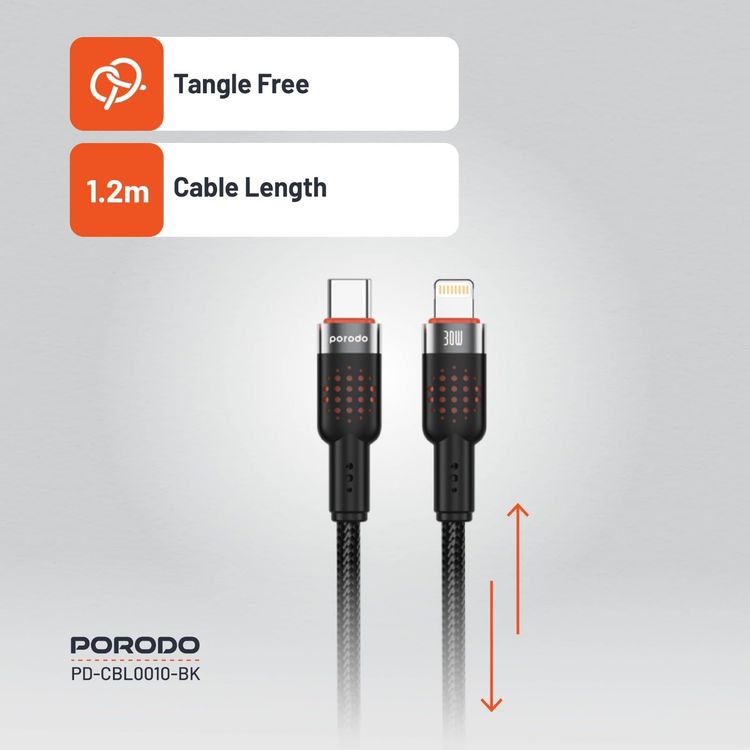 Porodo USB-C to Lightning Cable PDCBL0010BK - 1.2m, 30W Fast Charge, Black