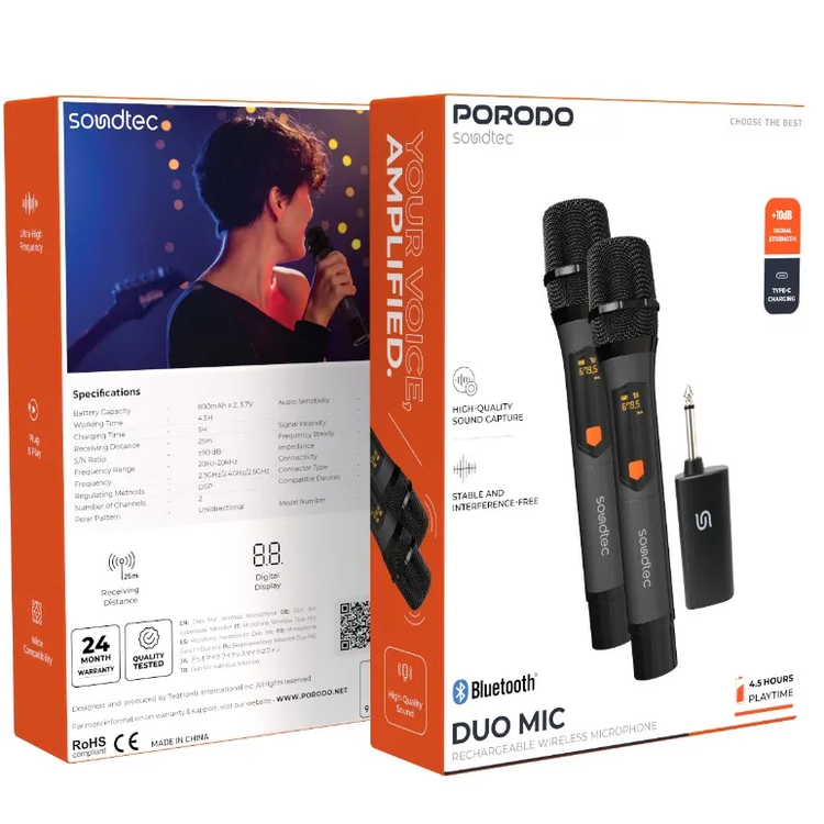 Porodo Wireless Microphone Soundtec Duo PDSTWLEP050BK - Aluminum, Black