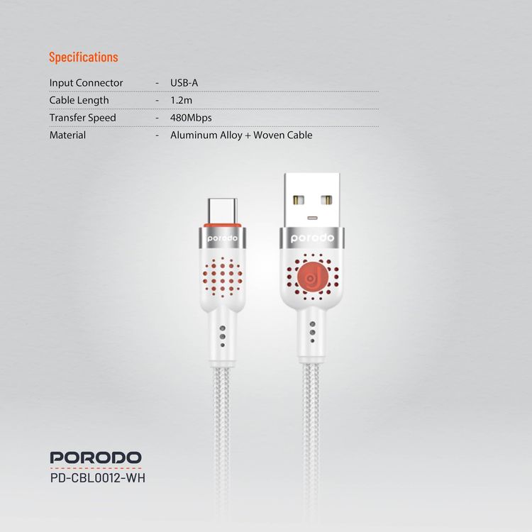 Porodo USB-A to USB-C Braided Cable PDCBL0012WH - 1.2m, Fast Charging, White