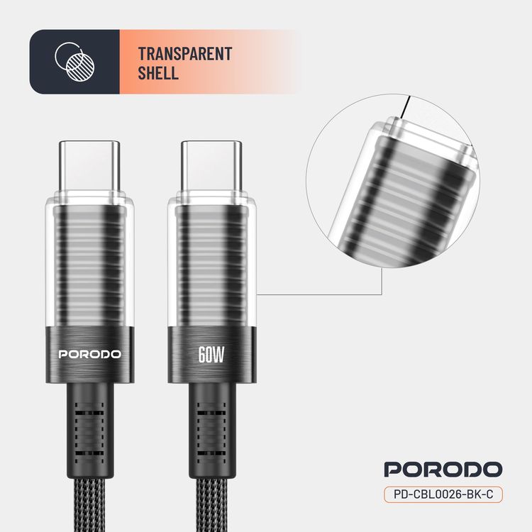 Porodo USB-C to USB-C Cable PD-CBL0026-BK - 60W PD, Braided, Black