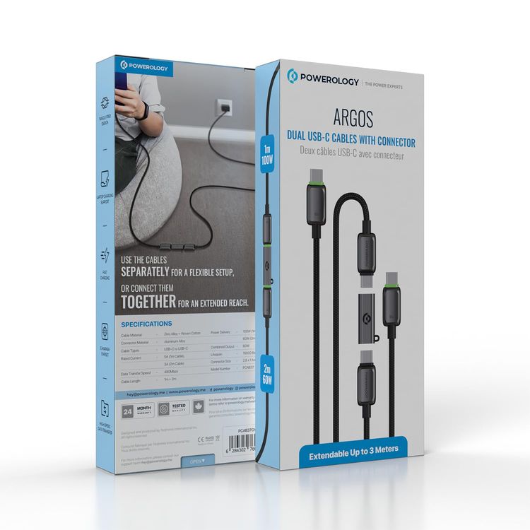Powerology USB-C Cable Set PCAB37GY - Dual 100W & 60W, Extendable 3m, Gray