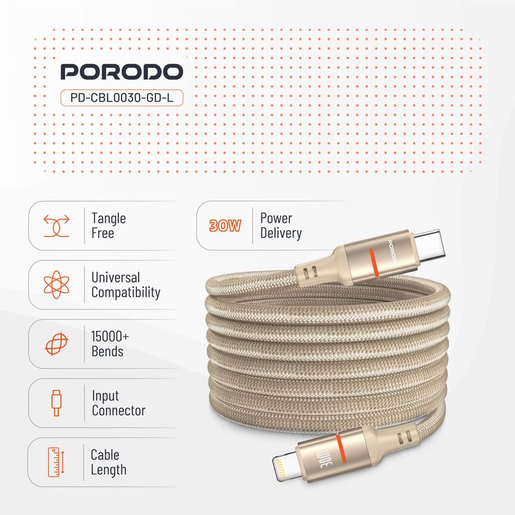 Porodo Magnetic Braided Cable PD-CBL0030-GD-L - 30W PD, Type-C to Lightning, Gold