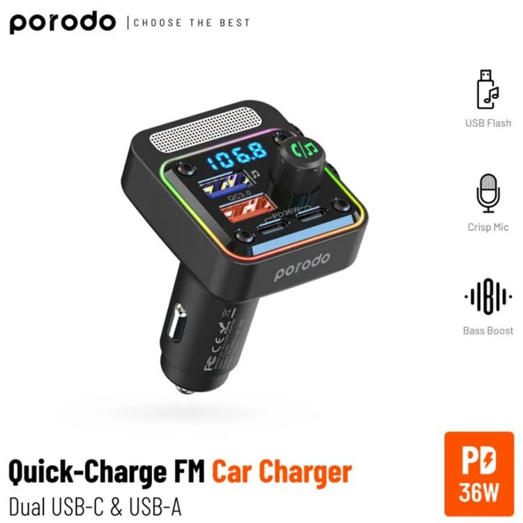 Porodo Car Charger FM Transmitter PD-FM42WBB-BK - 24W PD, QC 3.0, Bluetooth 5.1, Black