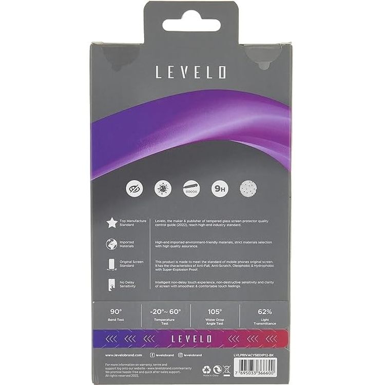Levelo Tempered Glass Screen Protector iPhone 12/12 Pro - Privacy, Black