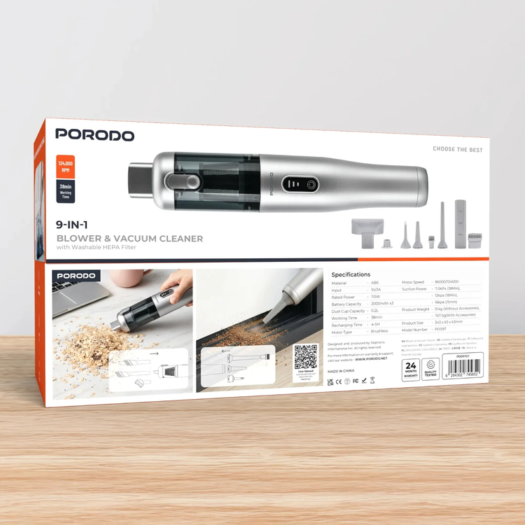 Porodo Blower & Vacuum Cleaner PD097GY - 9-in-1, Gray
