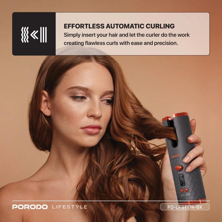 Porodo Hair Curler PDLFST174BK - Automatic Cordless, Black