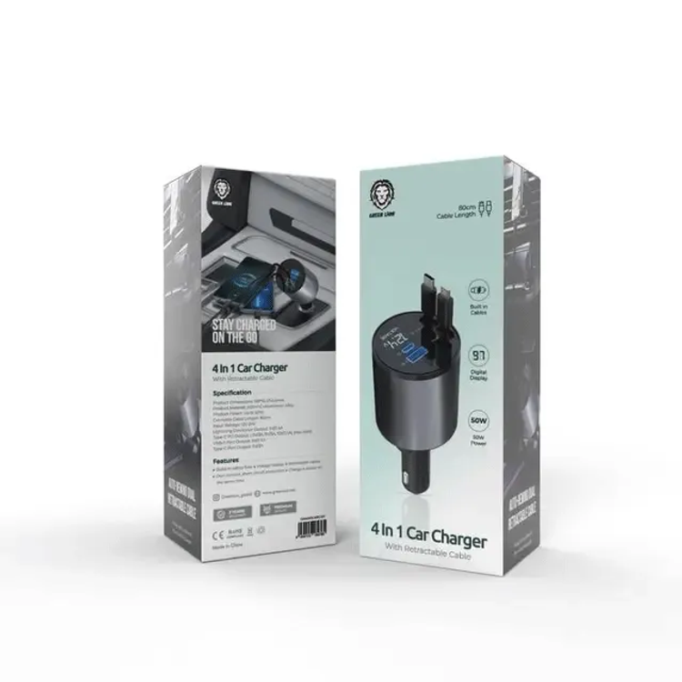 Green Lion Car Charger GN4IN1CARCGY - 50W Retractable Cable, Digital Display