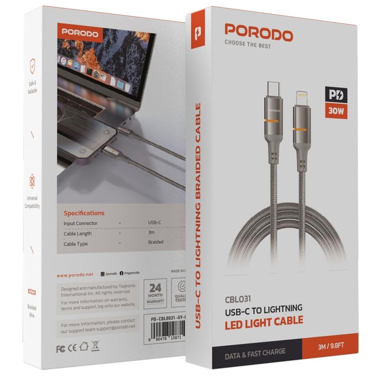 Porodo USB-C to Lightning Cable PDCBL0031GYC - 30W Fast Charging, 3m, Gray