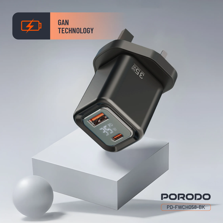 Porodo Dual-Port Quick Charger PD-FWCH058-BK - Digital Display, Black