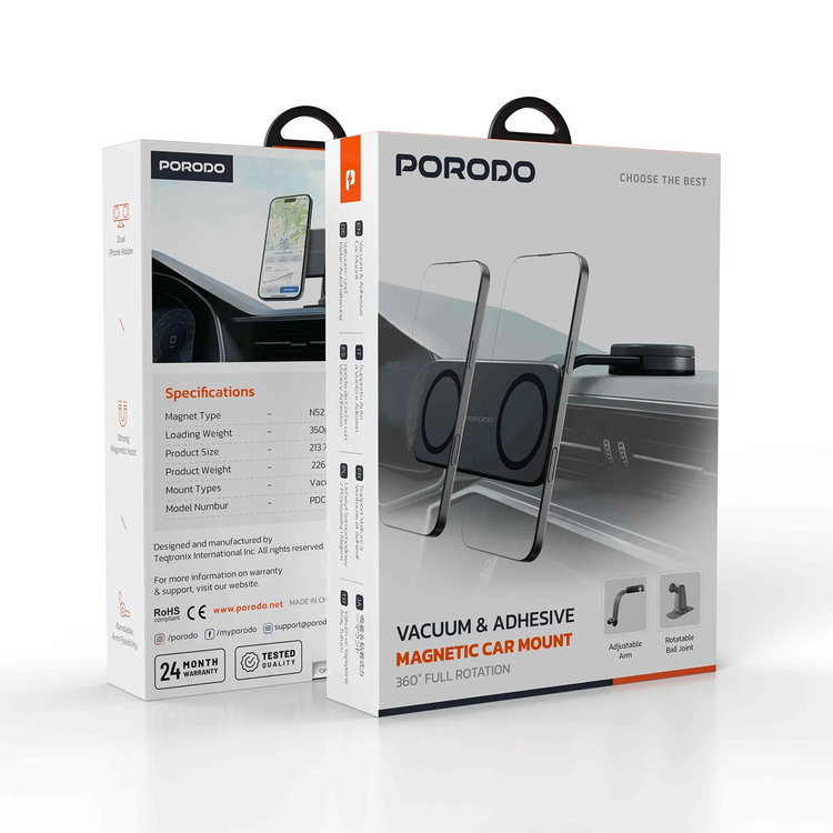 Porodo Dual Magnetic Car Mount PDCK109BK - Vacuum & Adhesive, 360° Rotation, Black