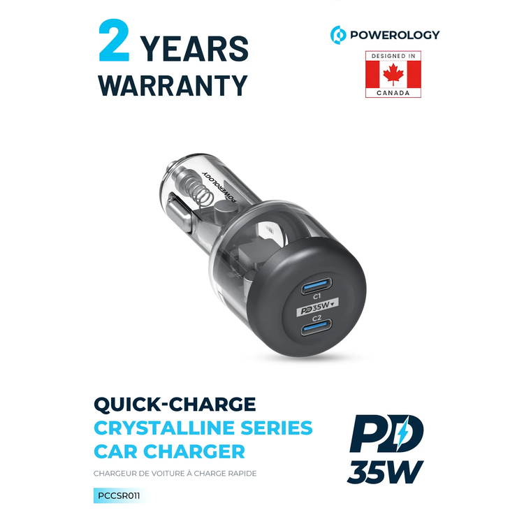 Powerology Car Charger Crystalline Series PCCSR011 - 35W Dual PD, Transparent