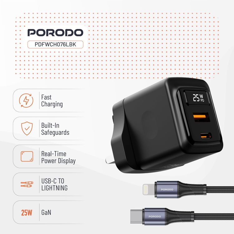 Porodo Multi-Port Charger PDFWCH073CBK - 100W GaN, 2x USB-C & USB-A, Black