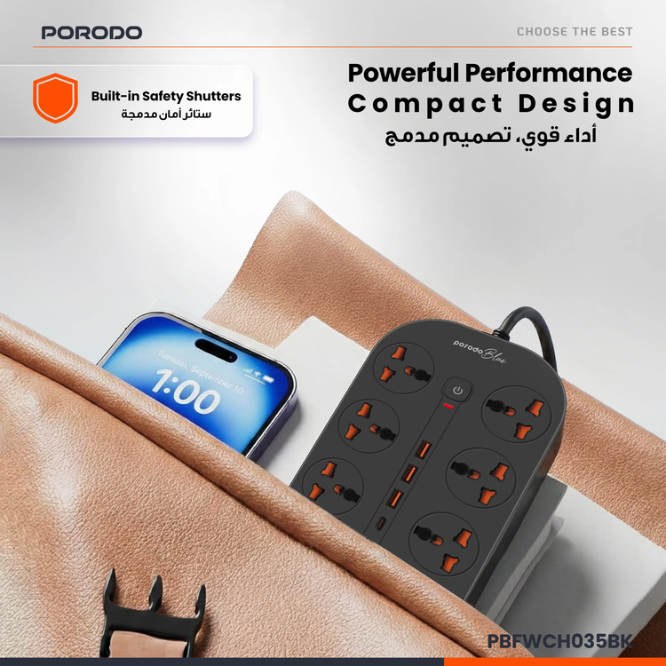 Porodo Power Strip PBFWCH035BK - 8 AC Outlets, USB-C & USB-A, Black