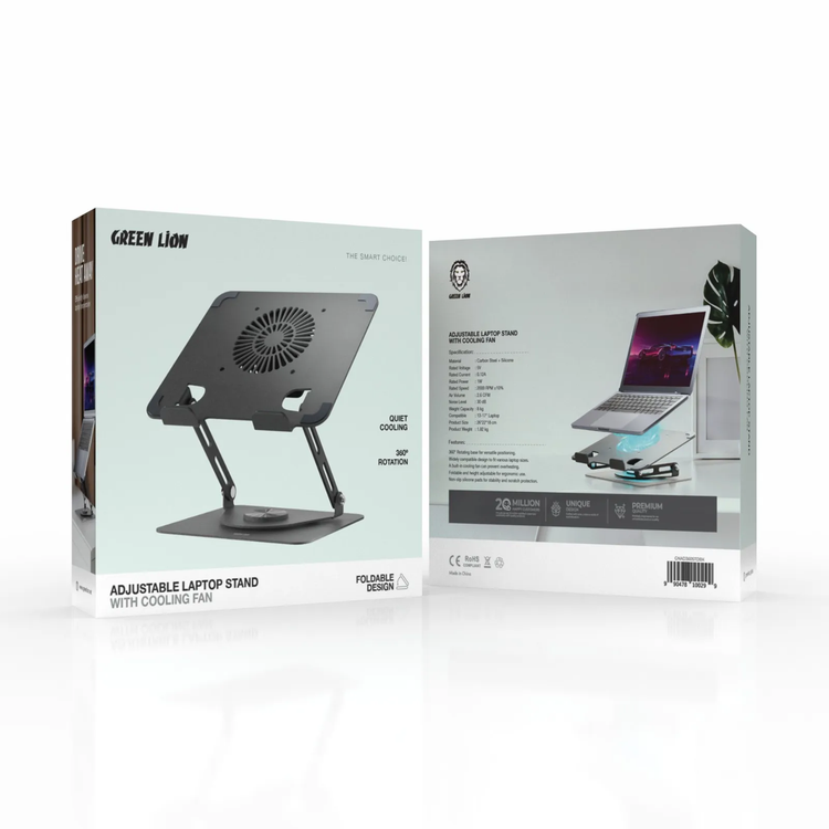 Green Lion Laptop Stand GNAD360STDBK - Adjustable with Cooling Fan, Black
