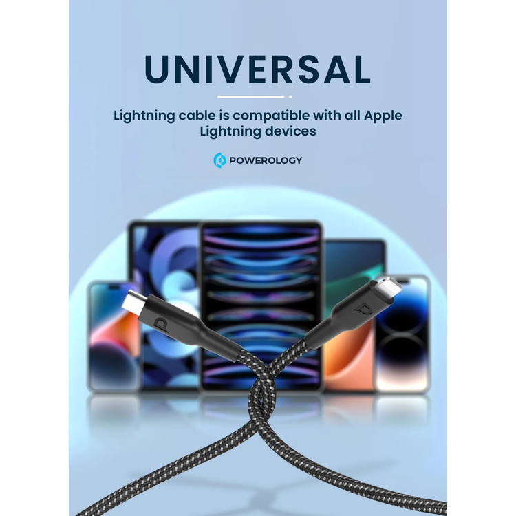 Powerology USB-C to Lightning Cable PCAB006BK - Braided 30cm, Black