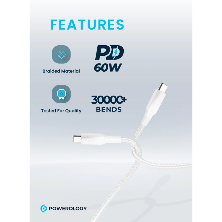 Powerology USB-C Cable PCAB008-WH - 60W PD, Braided, White