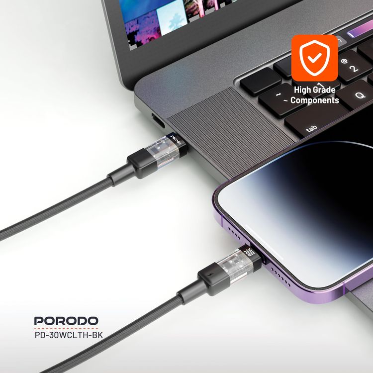 Porodo USB to Lightning Cable PD-30WCLTH-BK - 30W Fast Charging, 1.2M, Black