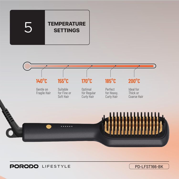 Porodo Hair Straightener Brush Lifestyle PD-LFST166-BK - 30W, 5 Temps, Black
