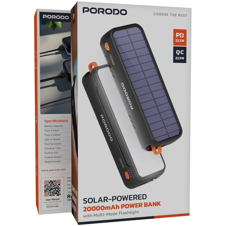 Porodo Solar 20000mAh Power Bank, PDPBAS149BK - Black