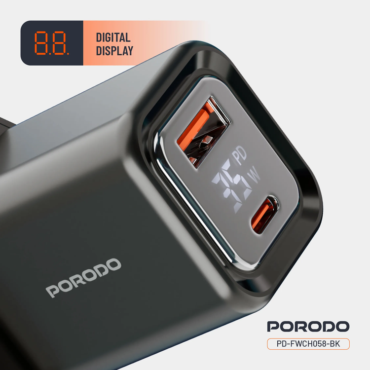 Porodo Dual-Port Quick Charger PD-FWCH058-BK - Digital Display, Black