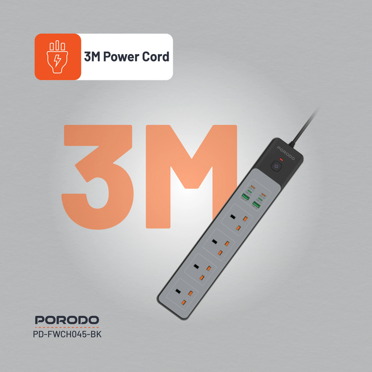 Porodo Power Strip PD-FWCH045-BK - 4AC 65W 3000W, Black