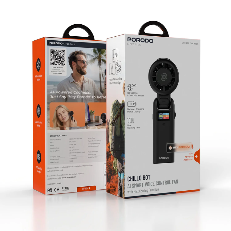 Porodo Fan Chillo Bot PDLIG218BK - AI Voice Control, Black