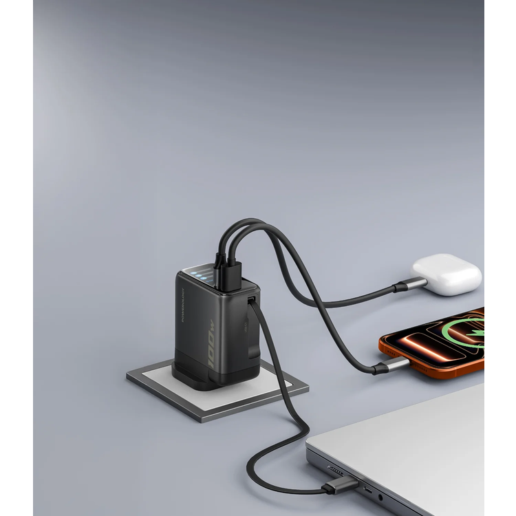 Powerology TFT Adapter PWCUQC70WBK - 70W, Retractable Type-C Cable, Black