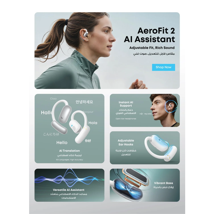 Soundcore AeroFit 2 AI Edition Open-Ear Headphones, Real-Time Translation - White