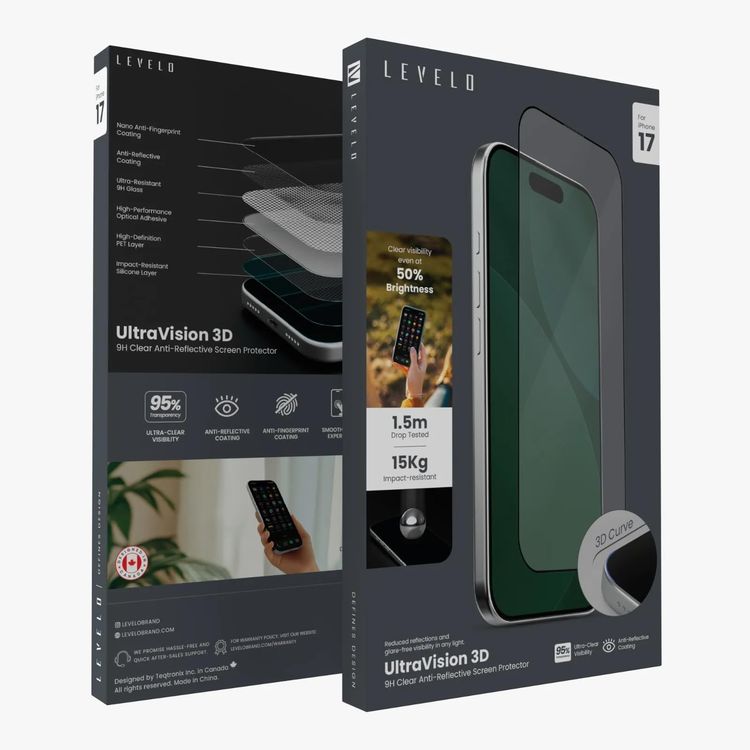 LEVELO واقي شاشة UltraVision 3D AR آيفون 17 برو ماكس - 9H، شفاف