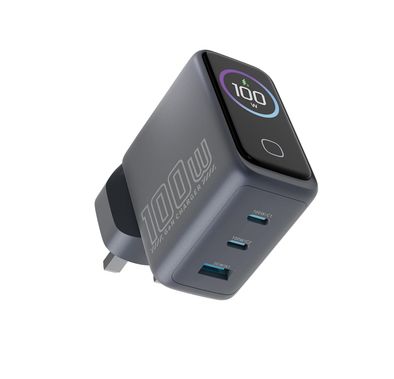 Powerology GaN Charger PWCUQC070GY - 100W, Display, USB-A...
