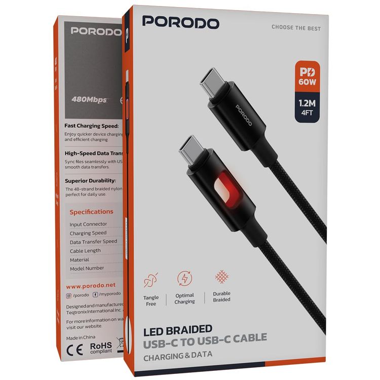 Porodo USB-C to Lightning Cable PDCBLXGH04BK - 60W PD, LED, Braided, 1.2m