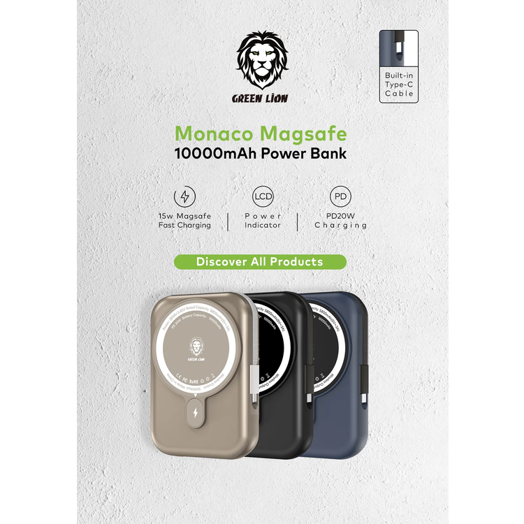 Green Lion Power Bank Monaco GNMPB10KTCBK - 10000mAh MagSafe, Black