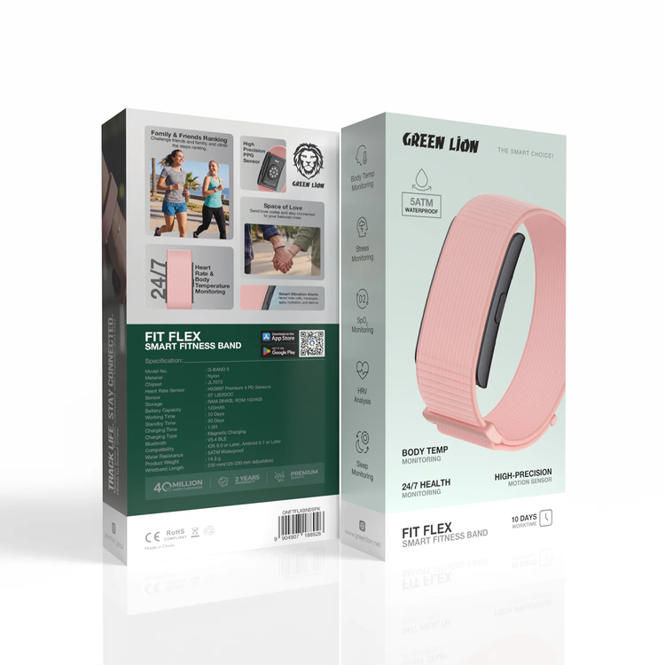 Green Lion Fit Flex Smart Fitness Band, G-BAND 5, High-Precision Sensors - Pink