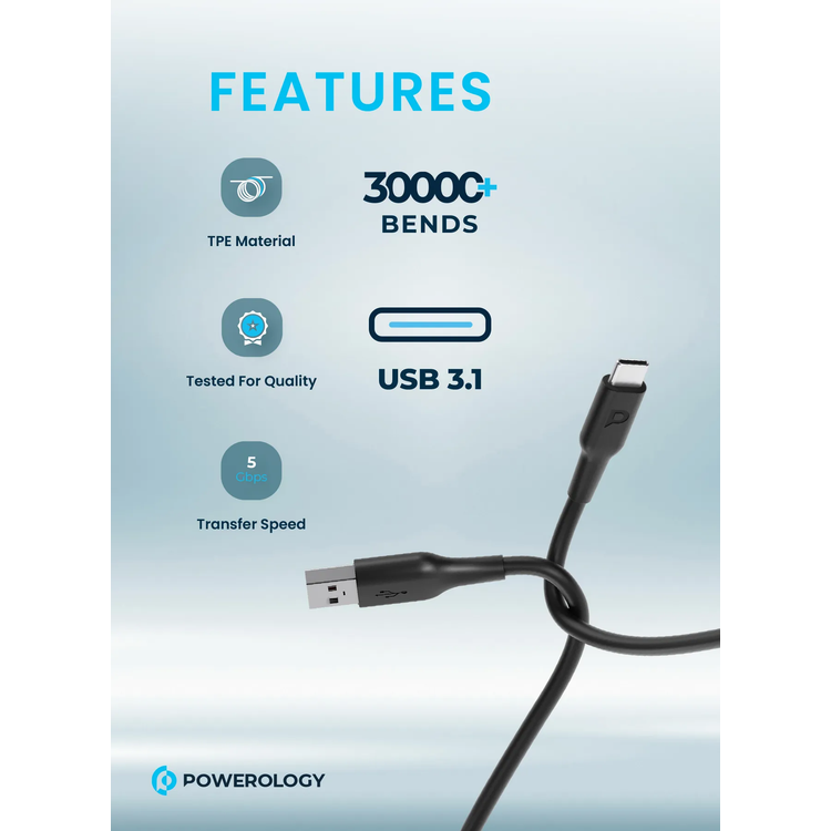 Powerology USB-A to USB-C Cable PUC3ABK - Fast Charge 3A, Black