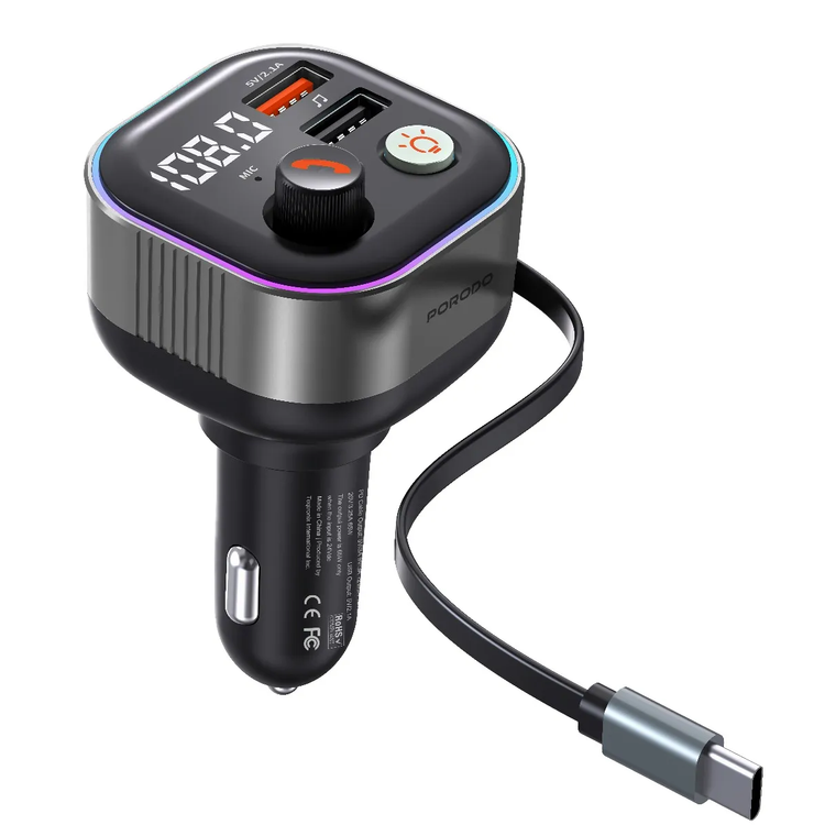 Porodo Bluetooth FM Transmitter & 65W PD Car Charger PDFWCH069DG - Retractable Type-C, Dark Gray