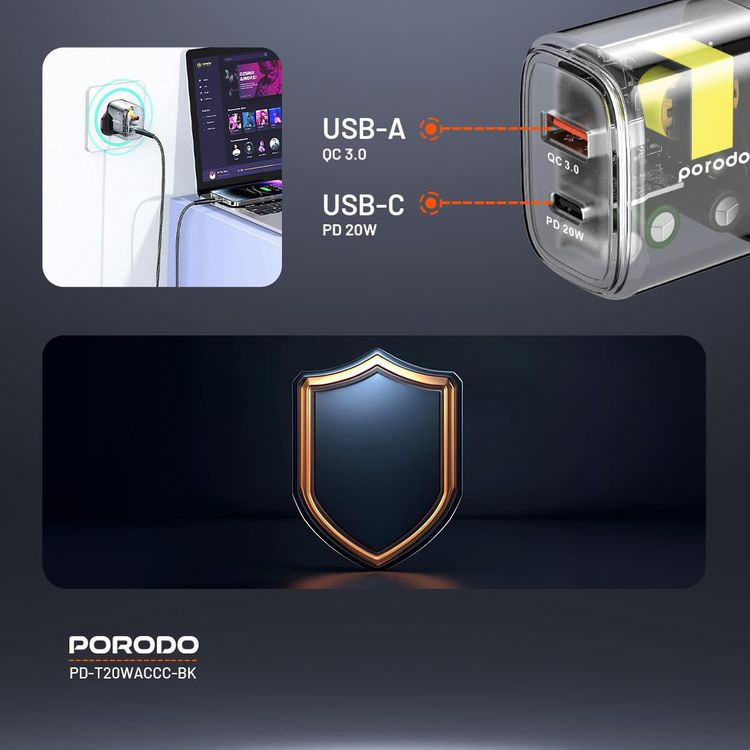 Porodo Quick Charger PD-T20WACCC-BK - Dual Output 20W+18W, Black