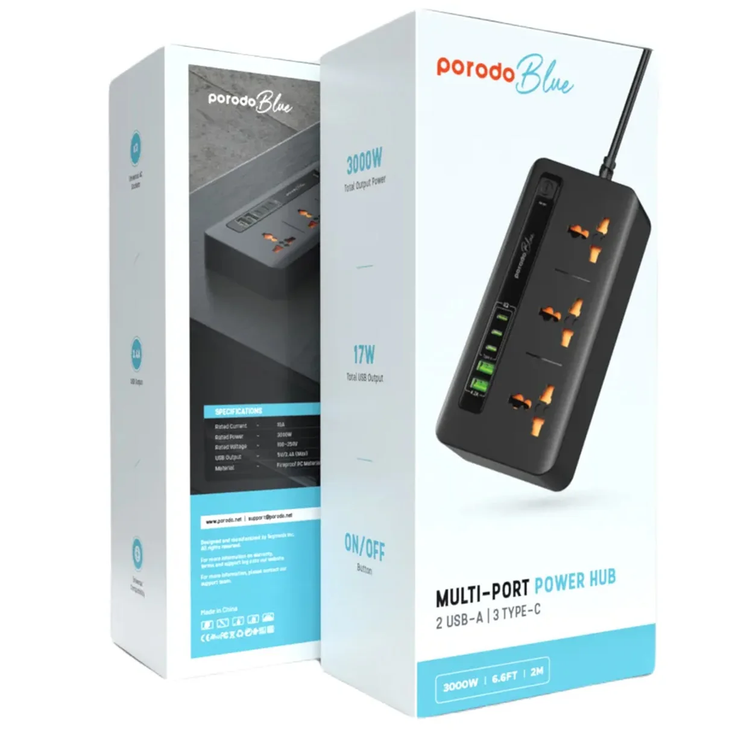 Porodo Power Socket PB3ACC2CM-BK - 3 AC, 2 USB-A, 3 Type-C, 3000W, Black