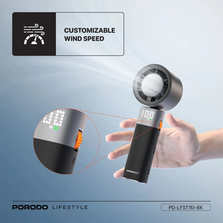 Porodo Handheld Turbo Fan PDLFST151BK - Adjustable Speed, Black