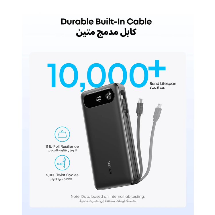 باور بانك Anker بسعة 20000mAh، قوة 87 واط مع كابل USB-C مدمج، A1383H11 - أسود